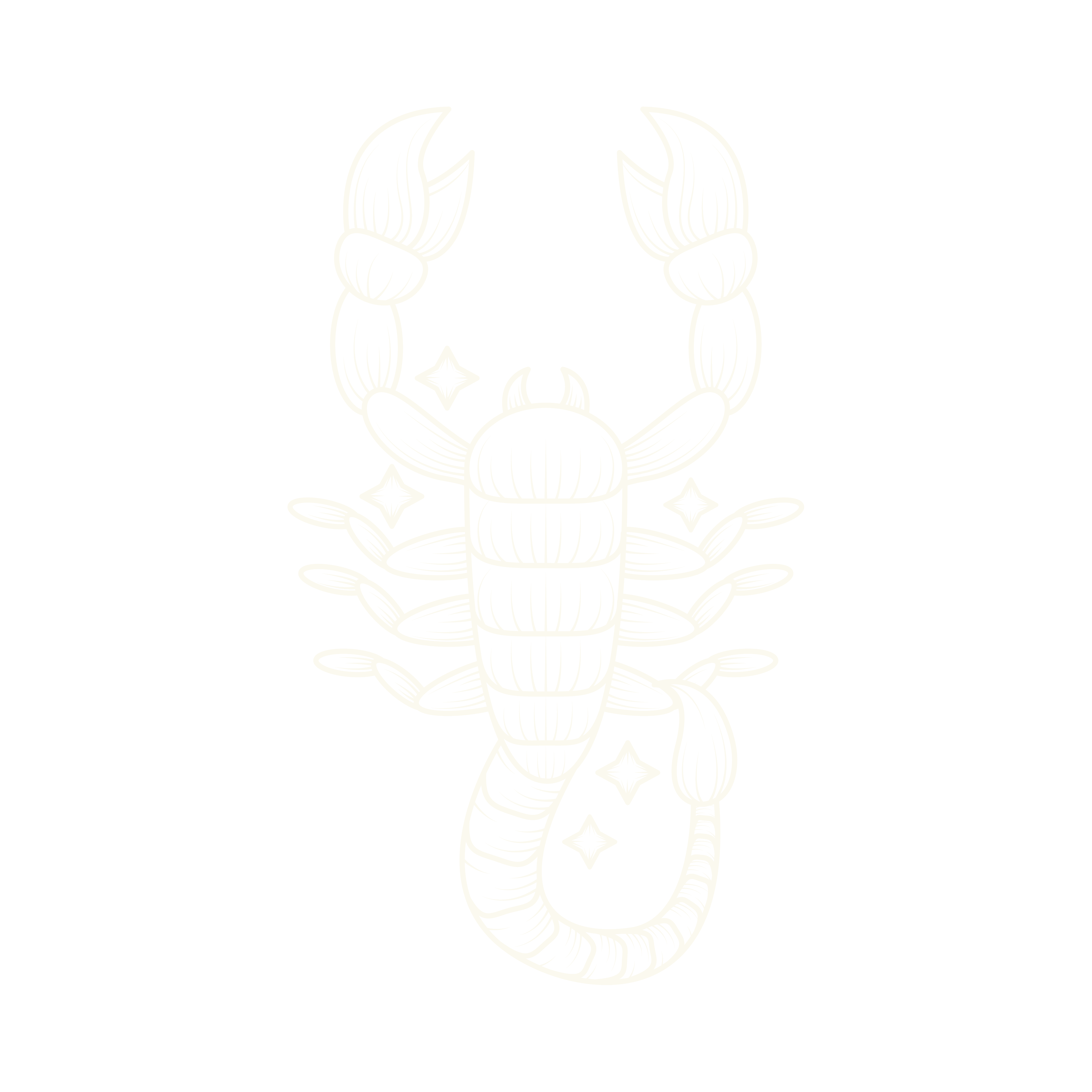 Vector line art of a stylized Scorpion. This is in reference to the Zodiac sign Scorpio. The color is an off white.